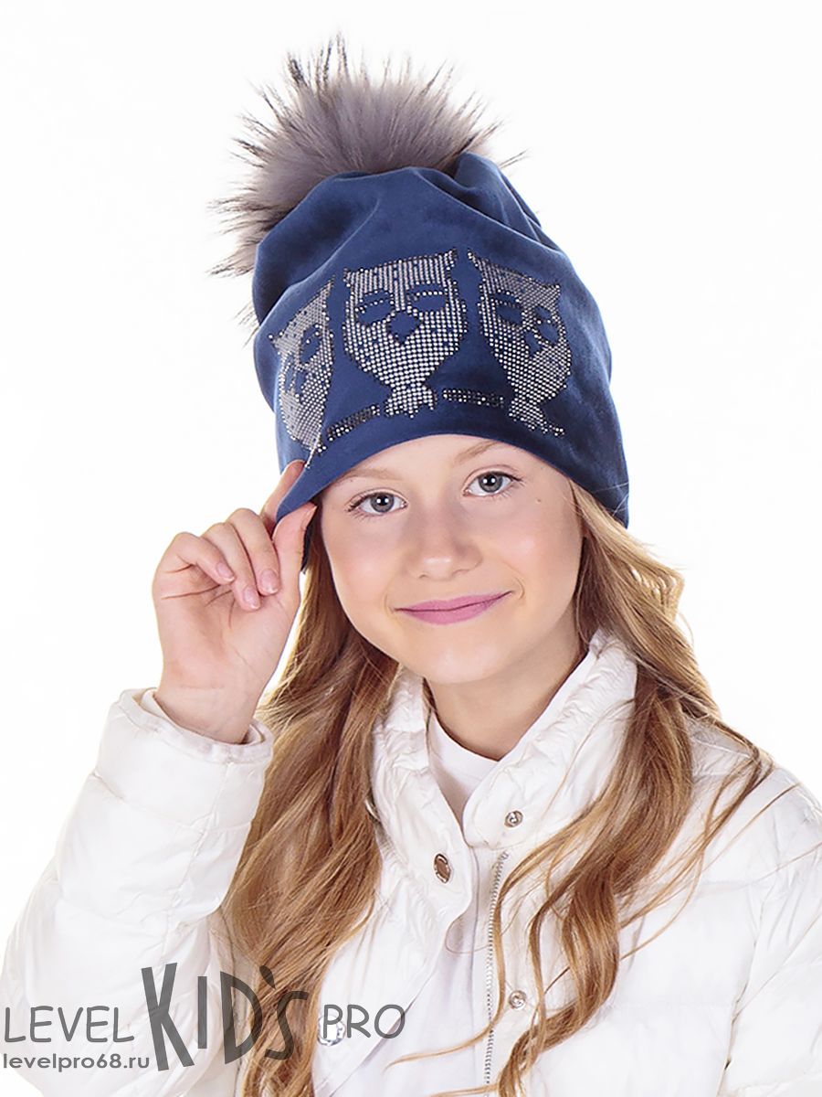 Три совы помпон kids шапка 020/1.<br>Велюр~Velour-Three owls pompon hat 020/1