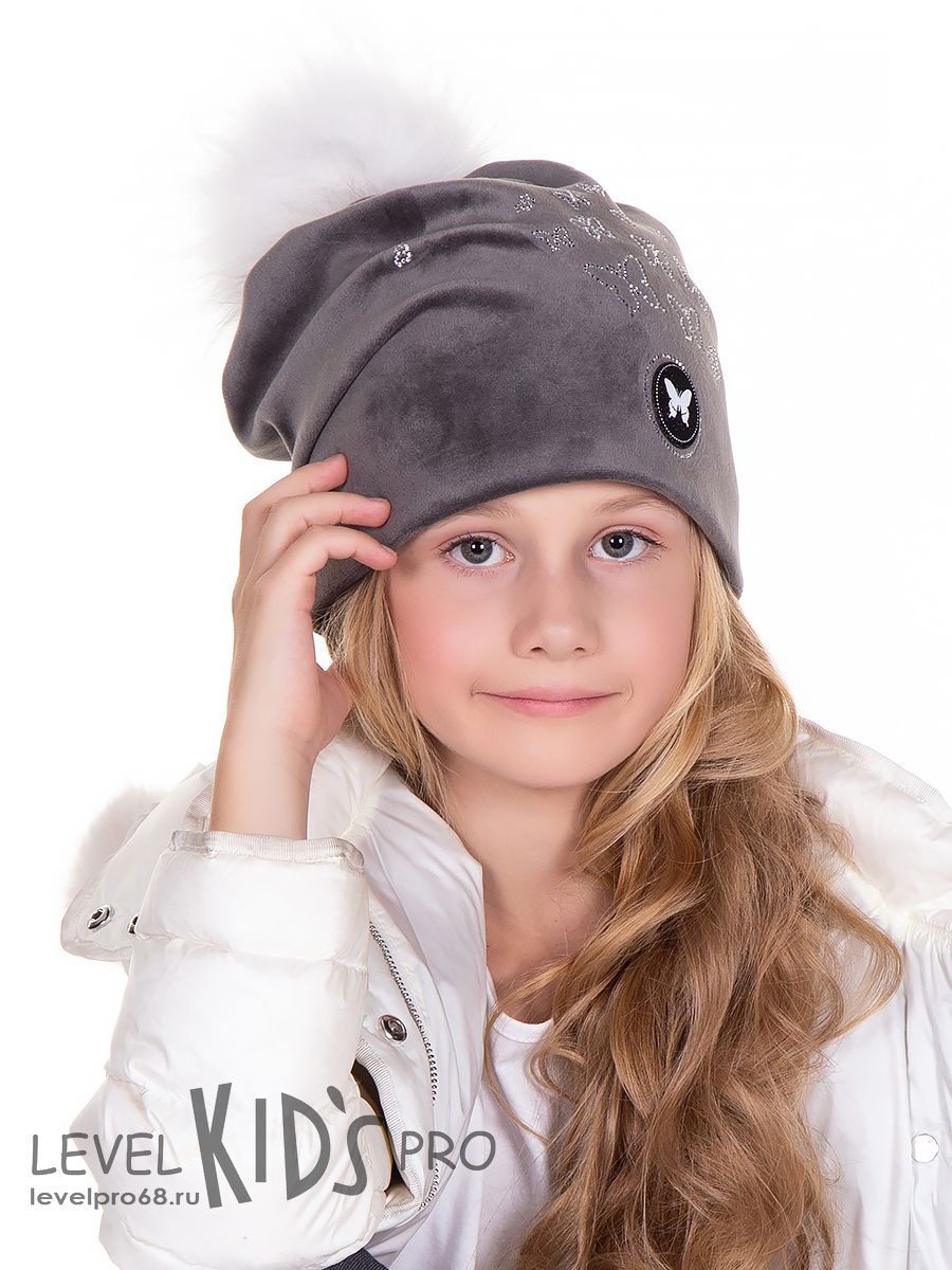 Бабочка шеврон помпон kids шапка 020/1.<br>Велюр~Velour-Butterfly chevron pompon hat 020-1