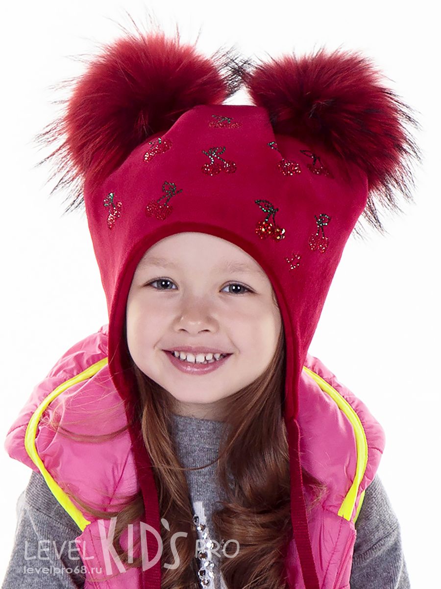 Вишенки помпоны kids шапка 032У.<br>Велюр~Velour-Cherries pompoms hat 032Y