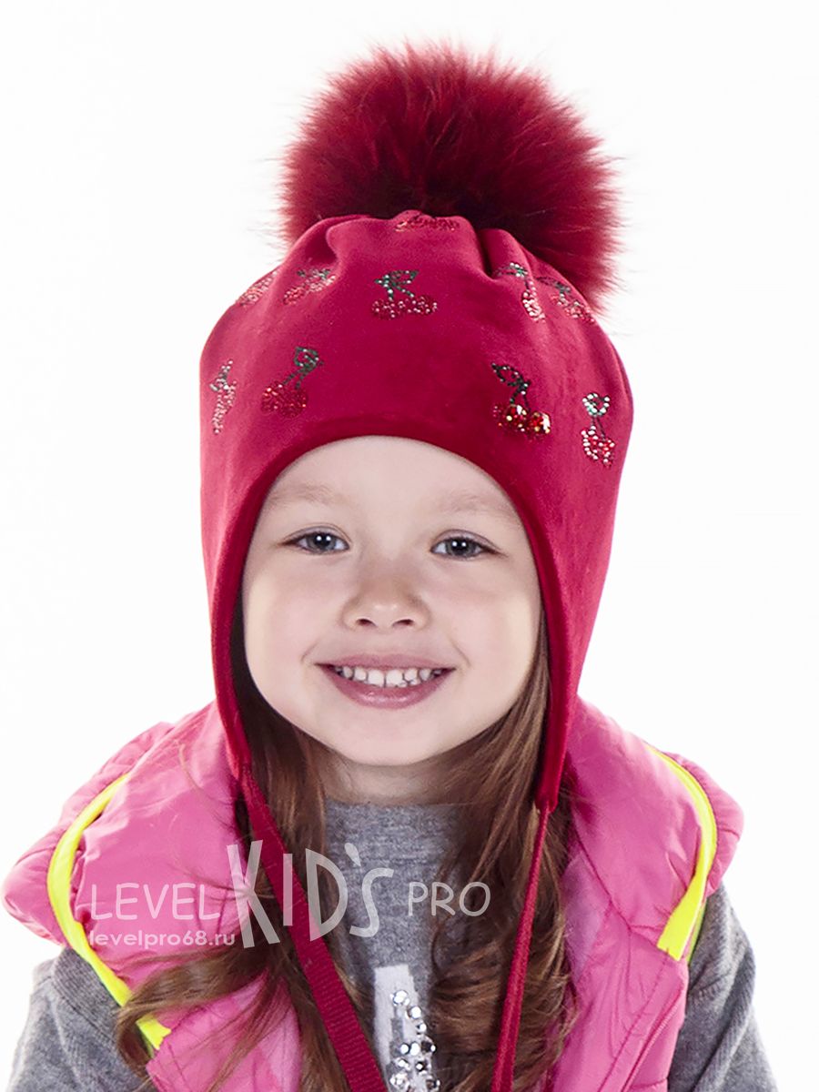 Вишенки помпон kids шапка 031У.<br>Велюр ~Velour-Cherries pompom hat 031Y