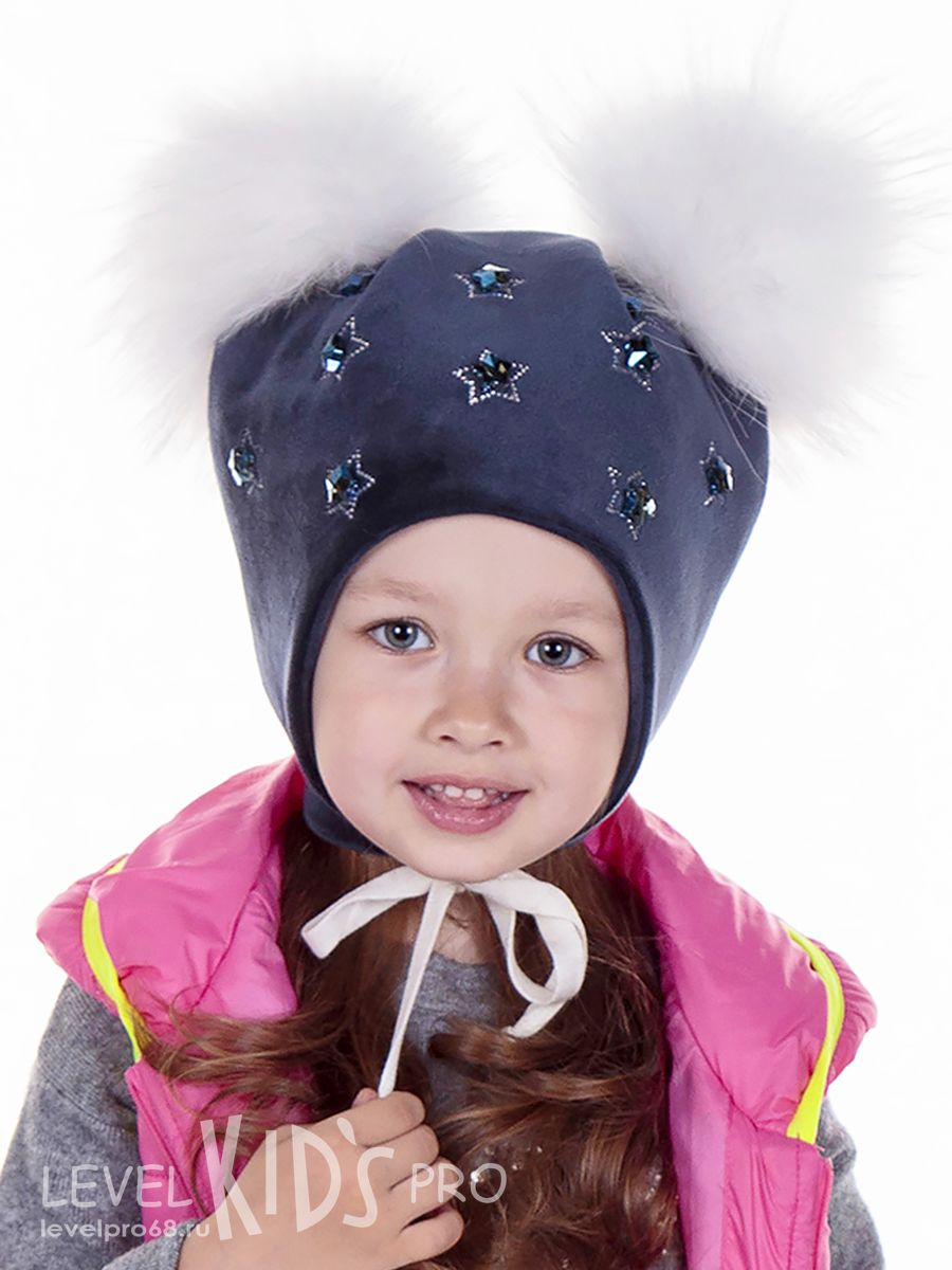 Звезды россыпь помпоны kids шапка 032У.<br>Велюр~Velour-Stars placer pompoms hat