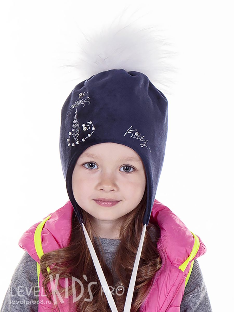 Кот жемчуг помпон kids шапка 031У.<br>Велюр~Velour-Cat pearls pompom hat 031Y 