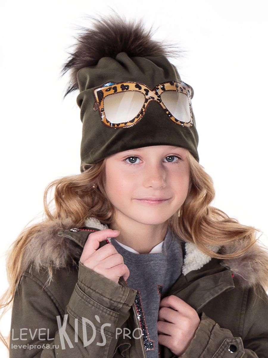 Очки Леопард помпон kids шапка 020/1.<br>Велюр~Velour-Leopard glasses pompom hat 020/1