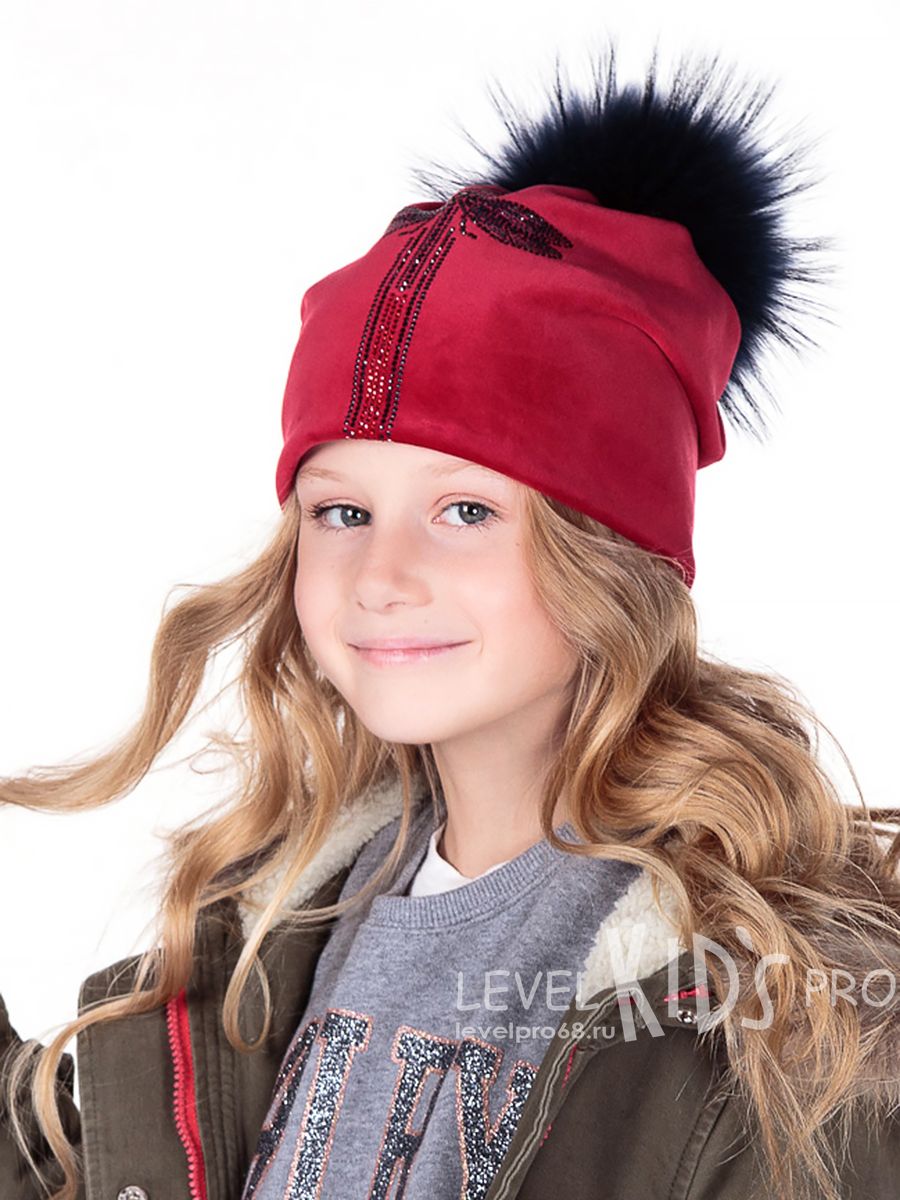 Полоса стразы стрекоза помпон kids шапка 020/1.<br>Велюр~Velour- Strip of rhinestones Dragonfly pompom hat 020/1