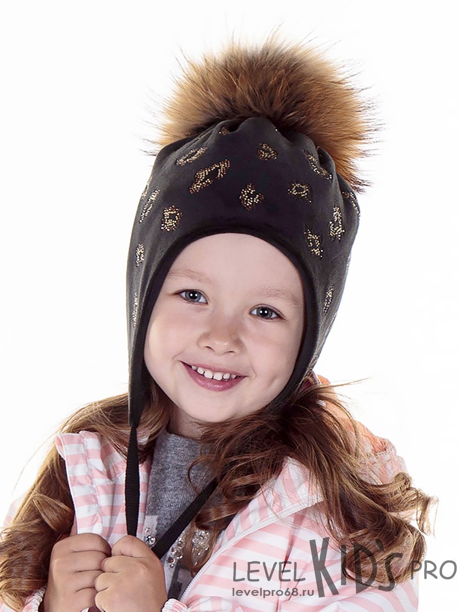 Пятна Леопард помпон kids шапка 031У.<br>Велюр~Velour-Leopard spots kids pompom hat 031Y