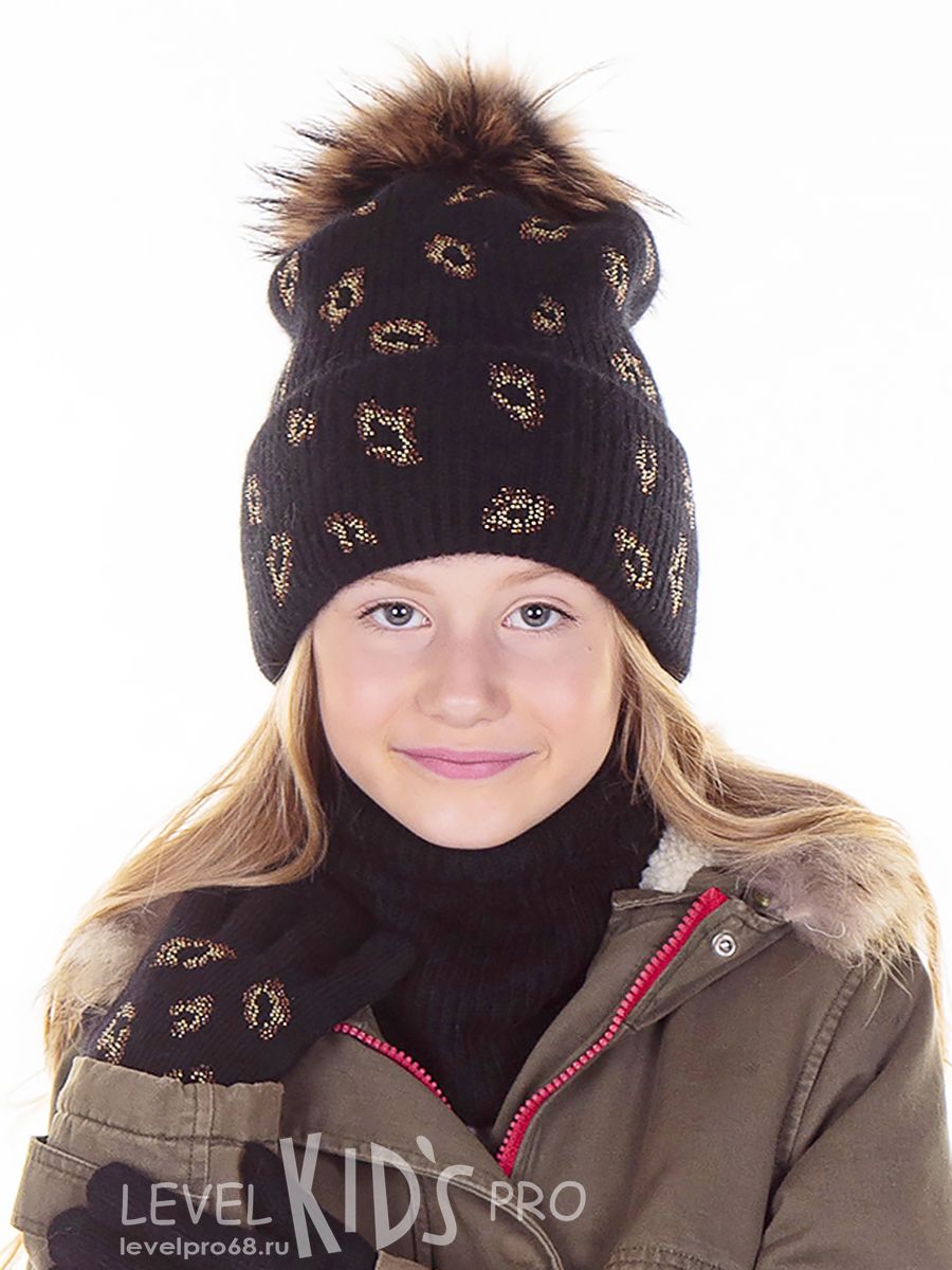 Пятна леопард помпон kids шапка ФР.<br>Вязка~Knitted wool FR-Leopard sports pompom hat