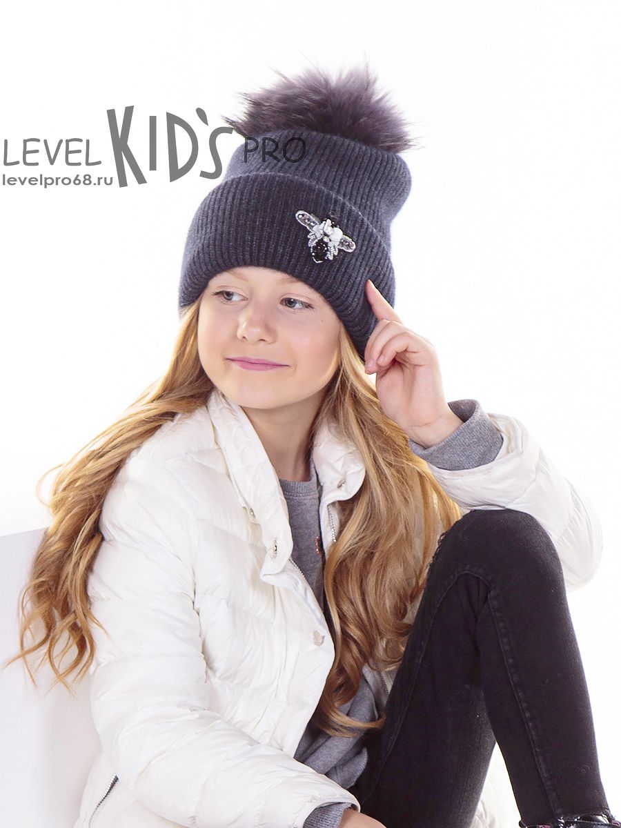 Муха шеврон пайетки помпон kids шапка ФР.<br>Вязка~Knitted wool-Fly sequins chevron pompom hat FR